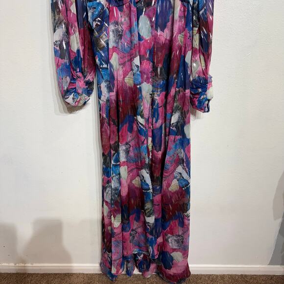 Adrienne Landau Floral Watercolor Draped High Slit Deep V Maxi Gown Sz 12 NWT - Picture 5 of 14
